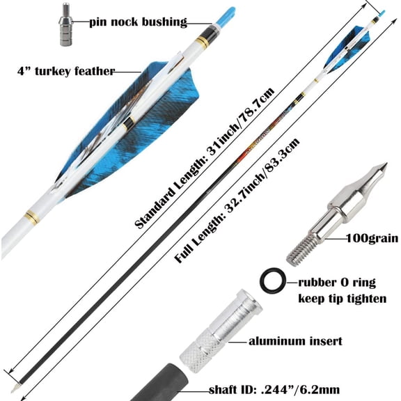 31inch Pure Carbon Arrows Archery Hunting Arrows Fletched Targeting Arrows for Compound & Recurve & Long Bow