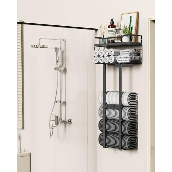 31inch Wall Mounted Towel Rack with Wood Plank, Large Bathroom Organizer for 6 Rolled Towels, All Black