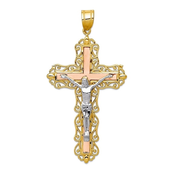 31mm 10k Solid Gold Tri-color Sparkle-Cut Crucifix Pendant Necklace Pendant for Women - 4.8 Grams