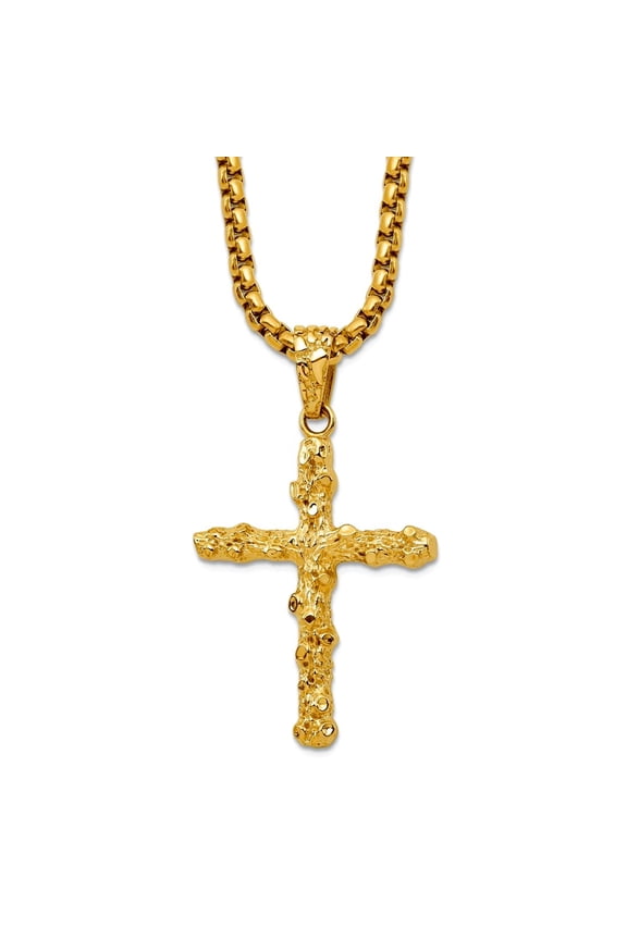 31mm Stainless Steel Polished Textured Yellow Ip Nugget Religious Faith Cross Necklace 22 Inch Pendant Necklace for Wome