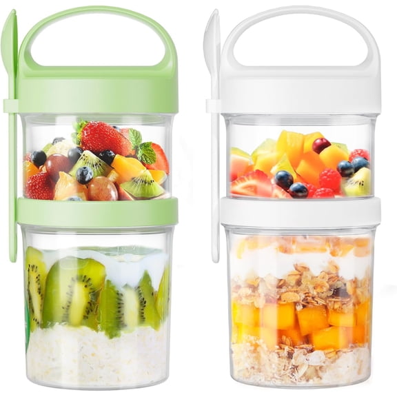31oz Large Overnight Oats Containers with Lids and Spoons 2 Pack,Dual-Layer Plastic Yogurt Parfait Cups Salad Pod Mason Jar Reusable for Oatmeal Cereal Nut Fruit with Holder for Snack Meal Prep