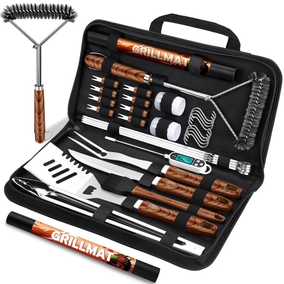 31pcs BBQ Grill Accessories Gifts for Men Dad, Heavy Duty Grilling Tools Gift Set, Stainless Steel BBQ Utensils Kit with Mats, Grill Brush in Carrying Bag Brown