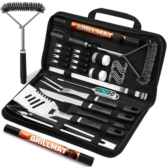 31pcs BBQ Grill Accessories Gifts for Men Dad, Heavy Duty Grilling Tools Gift Set, Stainless Steel BBQ Utensils Kit with Mats, Grill Brush in Carrying Bag Brown