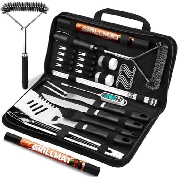 31pcs BBQ Grill Accessories Set for Men Dad, Heavy Duty Grilling Tools Gifts for Valentines Day, Stainless Steel BBQ Utensils Kit with Mats, Grill Brush in Carrying Bag Black