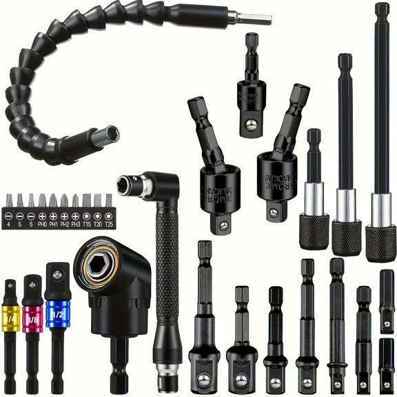 31pcs Flexible Drill Bit Extension Set, Including 105 Right Angle Drill Attachmen, Rotatable Joint Socket 1/4 3/8 1/2in Hex Socket Adapter, Bendable Drill Bit Extension Screwdriver Bit Kit