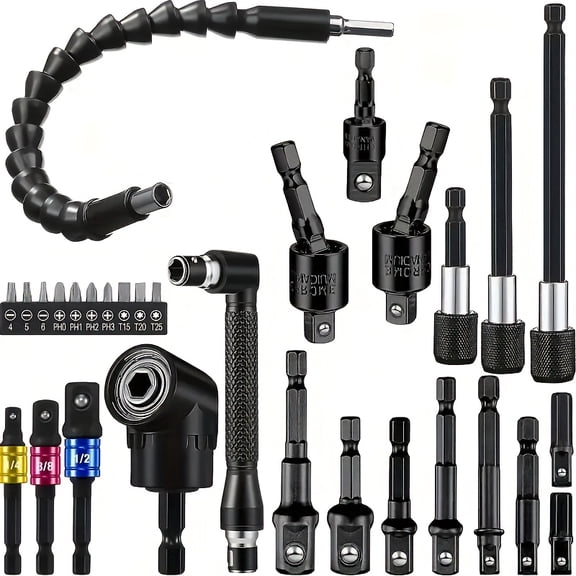 31pcs Steel Universal Tool Set with Flexible Shaft, Quick-Change Adapter, Impact Wrench Socket Adapter, Right-Angle Screwdriver Bit Holder, Magic Socket, And Extension Bar-Power Tool Accessories