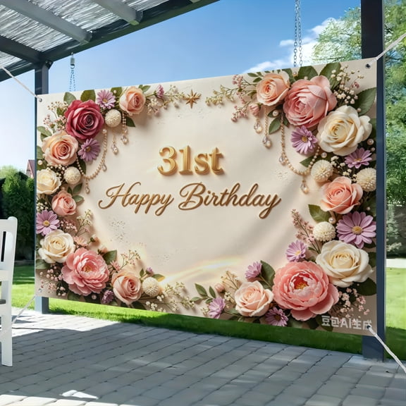 31st Birthday Banner Decorations for Women Pink Roses Floral Happy 31st Birthday Banner Backdrop Sign for 31 Years Old Anniversary Party Home Wall Outdoor Indoor Photo Booth Background Supplies