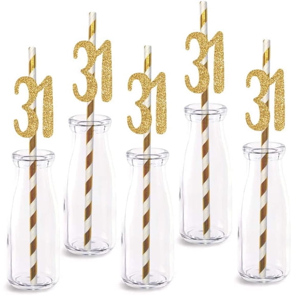 31st Birthday Paper Straw Decor, 12pcs Real Gold Glitter Cut-Out Numbers Happy 31 Years Party Decorative Straws