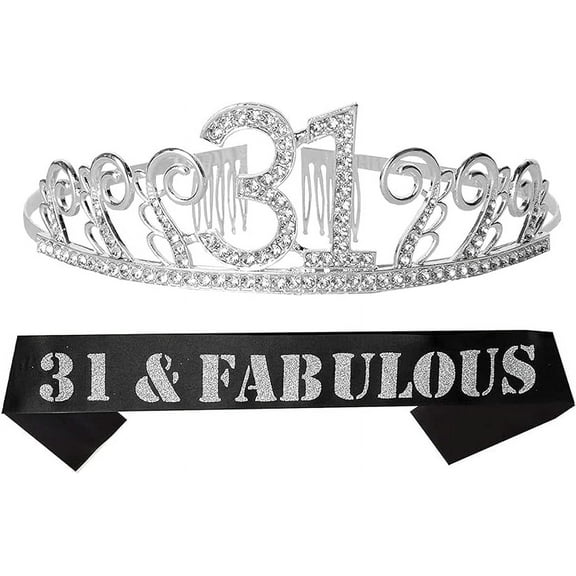 31st Birthday Sash and Tiara for Women - Fabulous Glitter Sash + Waves Rhinestone Silver Premium Metal Tiara for Her, 31st Birthday Gifts for 31 Party