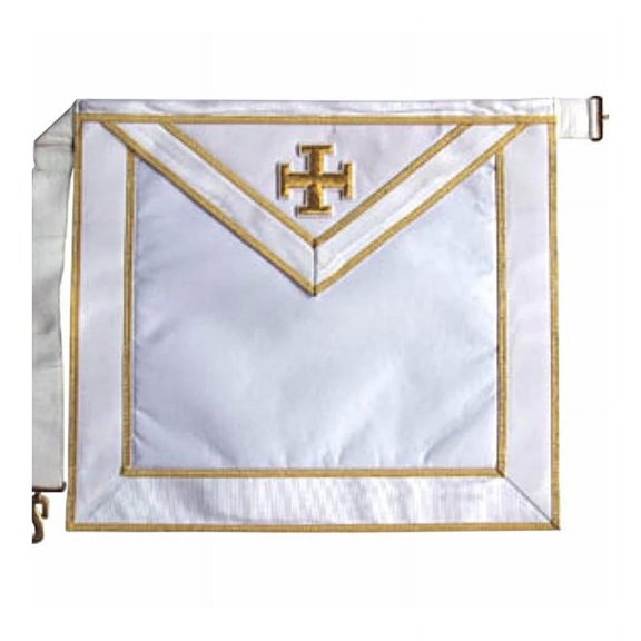 31st Degree Scottish Rite Apron - All White Satin, Adjustable Belt, Gold Plated Snake Fitting, Moire Ribbon, Pocket and Soft Padding