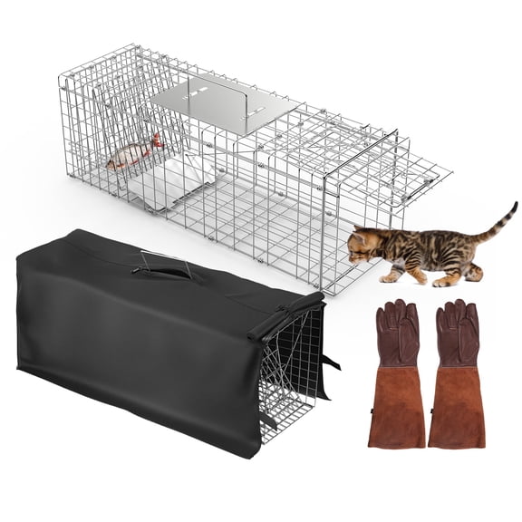 31x12x11 Folding Live Animal Trap Cage With Waterproof Cover And Gloves Humane Easy To Catch And Release Trap For Stray Cats Raccoons Squirrel Skunk