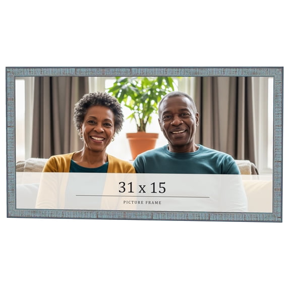 31x15 Frame Blue Scuffed Farm Board Solid Wood Picture Frame Width 0.75 Inches | Interior Depth 0.5