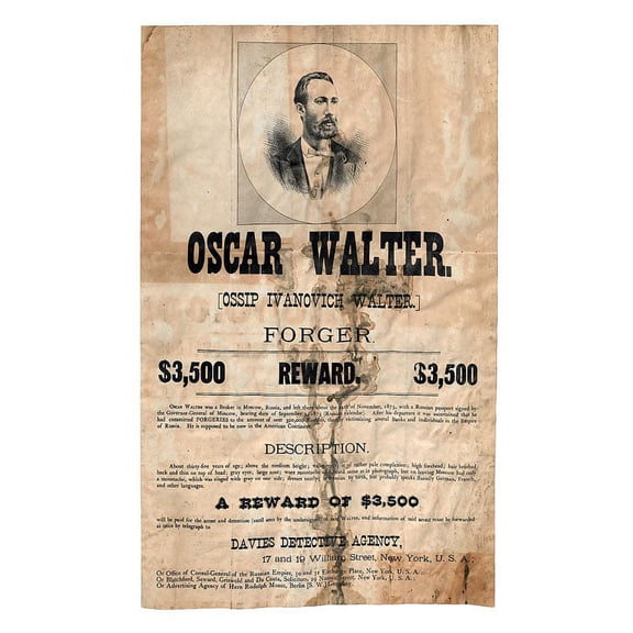 31x19in Coated Paper Oscar Walter, Forger Wanted. 1875. Photographic Print Poster reproduction of vintage posters from 1800s to present