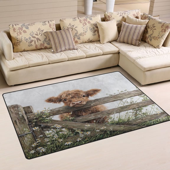 31x20in Area Rug Machine Washable Floor Mats Skid-Resistant Backing Carpet for Home Kitchen Bedroom Cute Highland Cow Peeking