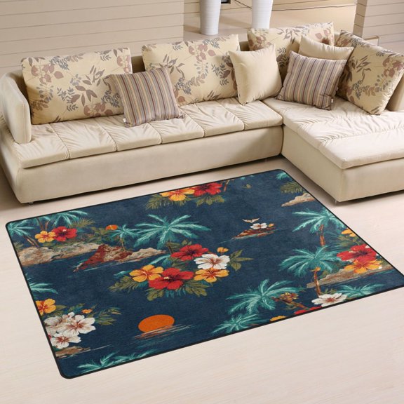 31x20in Area Rug Machine Washable Floor Mats Skid-Resistant Backing Carpet for Home Kitchen Bedroom Flowers and Palm Trees Pattern