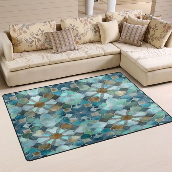 31x20in Area Rug Machine Washable Floor Mats Skid-Resistant Backing Carpet for Home Kitchen Bedroom Intricate Blue Block Pattern