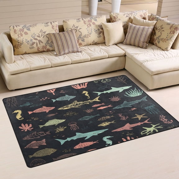 31x20in Area Rug Machine Washable Floor Mats Skid-Resistant Backing Carpet for Home Kitchen Bedroom Marine Life Pattern