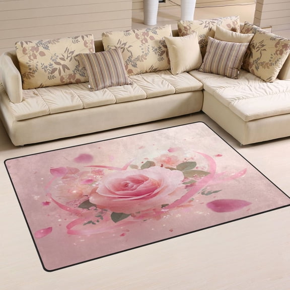 31x20in Area Rug Machine Washable Floor Mats Skid-Resistant Backing Carpet for Home Kitchen Bedroom Pink Rose Pattern