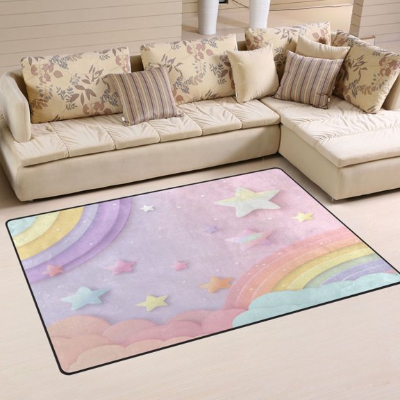 31x20in Area Rug Machine Washable Floor Mats Skid-Resistant Backing Carpet for Home Kitchen Bedroom Rainbow Stars and Cloud Pattern