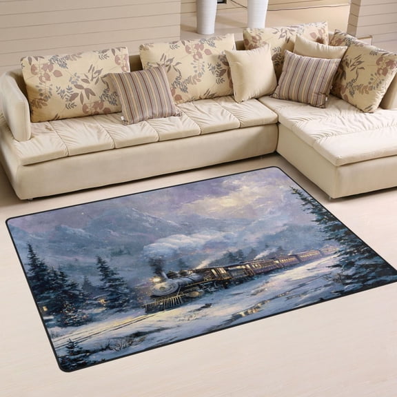 31x20in Area Rug Machine Washable Floor Mats Skid-Resistant Backing Carpet for Home Kitchen Bedroom Vintage-style Christmas Train