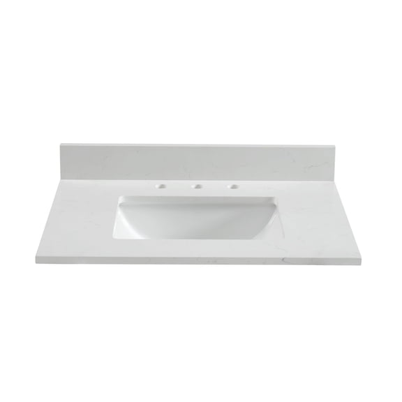 31x22 Inch Bathroom Vanity Top, Carrara White Quartz with Undermount Porcelain Sink, 0.75" Thick (") and 4" High Backsplash, Pre-Drilled 8" Widespread Faucet Holes