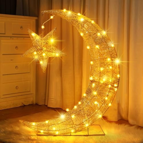 31x23 Inches Ramadan Moon Star Night Light Iron Ramadan String Moon Light Eid Mubarak Crescent Table Lamp Large Shining Crescent Star Lamp Decoration LED Fairy Bedroom Decorations for Home Festive