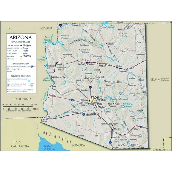 Wall Art Impressions Arizona Map Poster with State Boundaries and Major Cities 31" x 24" Framed