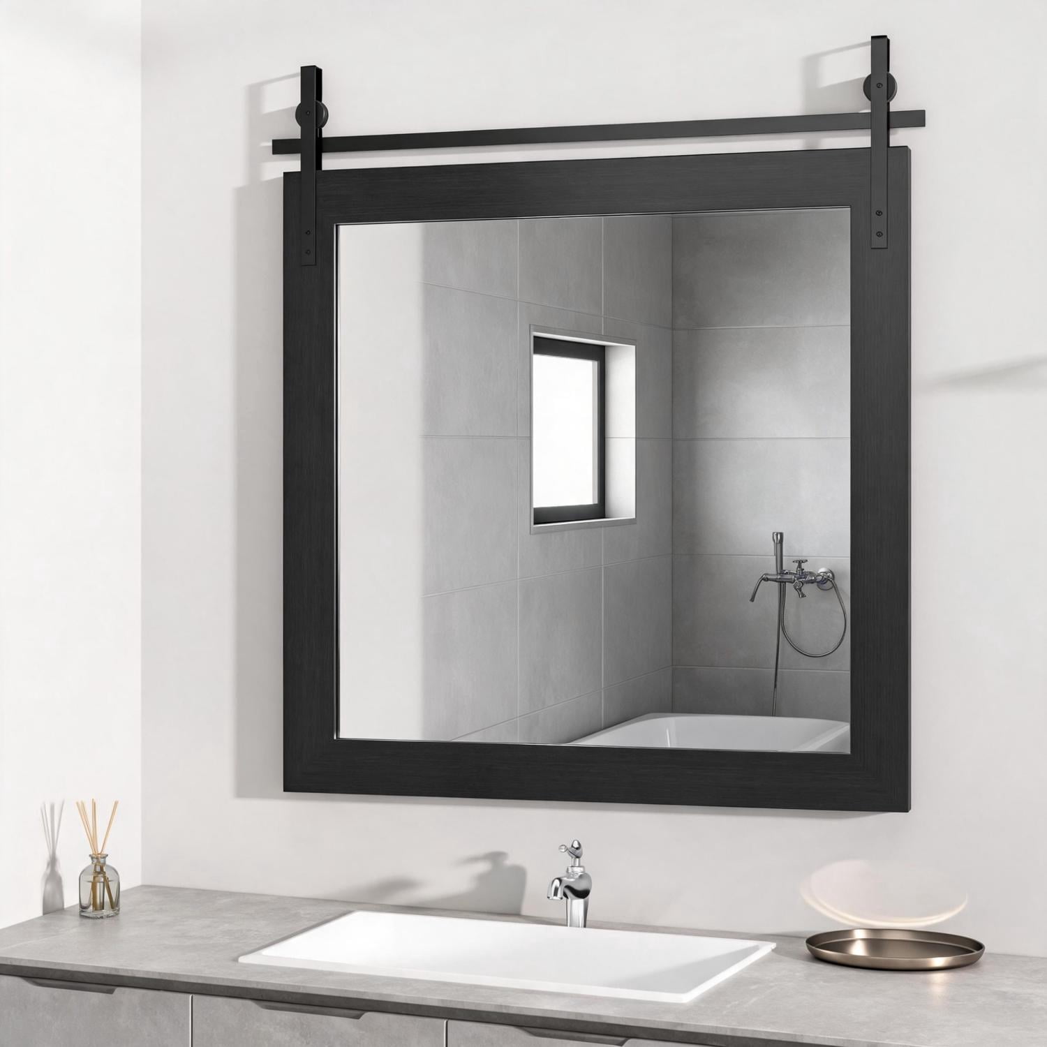 31x31-Inch Farmhouse Bathroom Mirror with Faux Wood Grain Frame, Rustic Wall Mounted Vanity Mirror and Decorative Mirror for Bathroom, Black