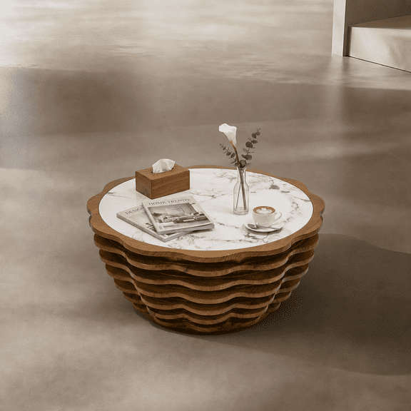 32.1 Round Petal Wave MDF Faux Marble Top Zero-Assembly Artsy Coffee Table
