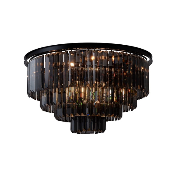 32'' 10-Lights Modern Matte Black 4-Tier Round Fringe Flush Mount Ceiling Light with Smoke Crystal For Dining Room of Foyer