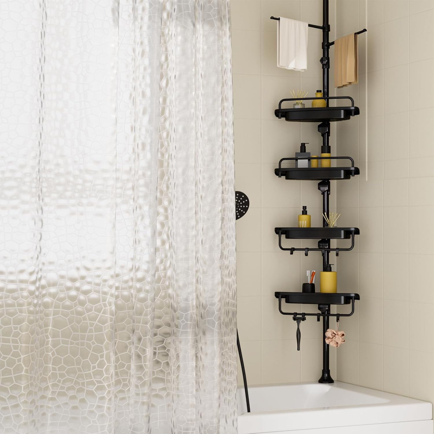 Corner Shower Caddy Tension Pole Black, Rustproof Drill-Free Shower ...