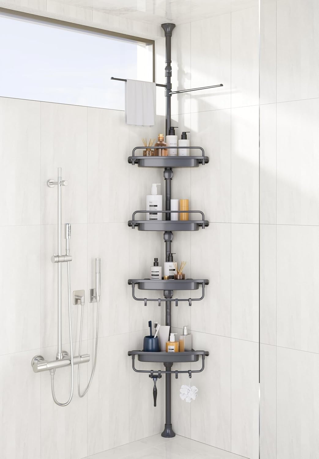 Shower Riser Shelf 32-122inch Corner Shower Caddy Tension Pole Grey, Rustproof Drill-Free ...