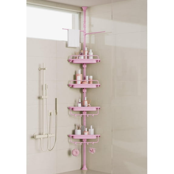 32-122inch Corner Shower Caddy Tension Pole Pink, Rustproof Drill-Free Shower Shelves for Bathroom Bathtub Washbasin, Adjustable Shower Organizer with 4 Tier Patent Stable Shelves & Towel Bars