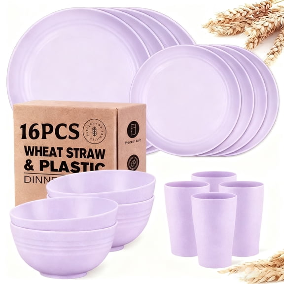 32/16Pcs Wheat Straw Dinnerware Sets, Service for 8, Includes Plates & Bowls, Black Plastic, Microwave & Dishwasher Safe, Durable Party Tableware, Ideal for Valentine's Day