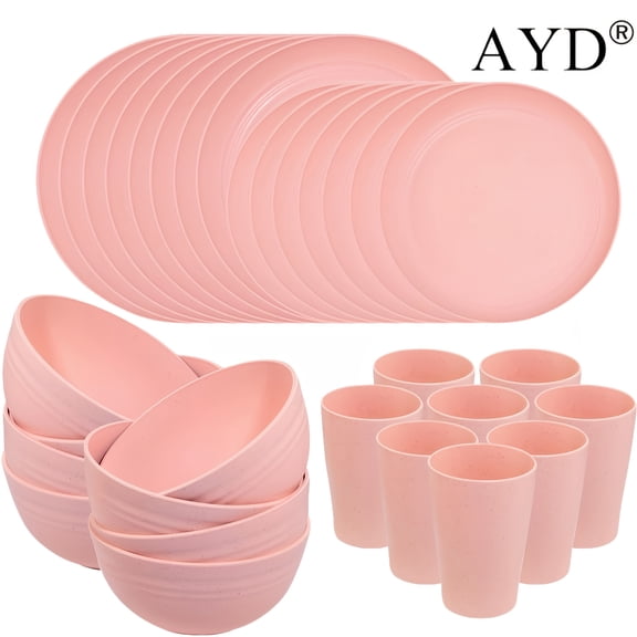 32/16Pcs Wheat Straw Dinnerware Sets, Service for 8, Includes Plates & Bowls, Black Plastic, Microwave & Dishwasher Safe, Durable Party Tableware, Ideal for Valentine's Day