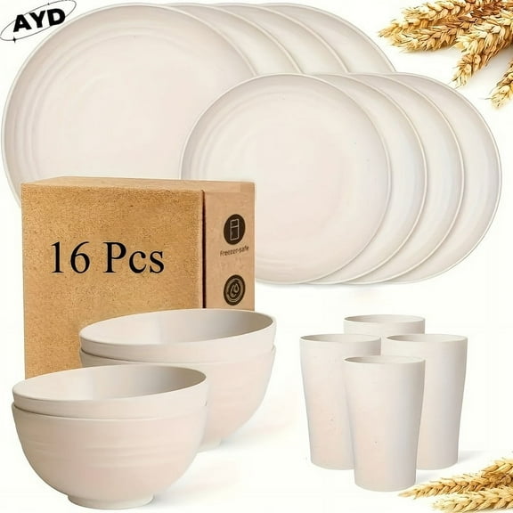 32/16pcs Wheat Straw Dinnerware Set. Service for 8/4, unbreakable. Includes plates, bowls, cups. Dishwasher/microwave safe. Lightweight, for camping & daily use, great gift