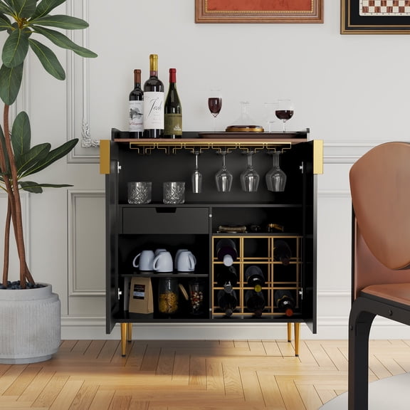 CBJCBJ 32" Wine Bar Cabinet with 2 Door Fluted Texture, Modern Coffee Cabinet with Rack&Glass Holder, Black