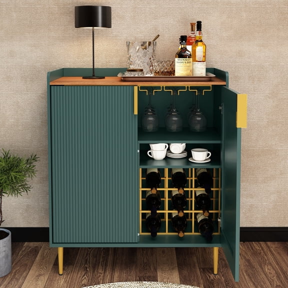 CBJCBJ 32" Wine Bar Cabinet with 2 Door Fluted Texture, Modern Coffee Cabinet with Rack&Glass Holder, , Green
