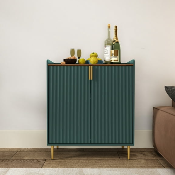 CBJCBJ 32" Wine Bar Cabinet with 2 Door Fluted Texture, Modern Coffee Cabinet with Rack&Glass Holder, , Green