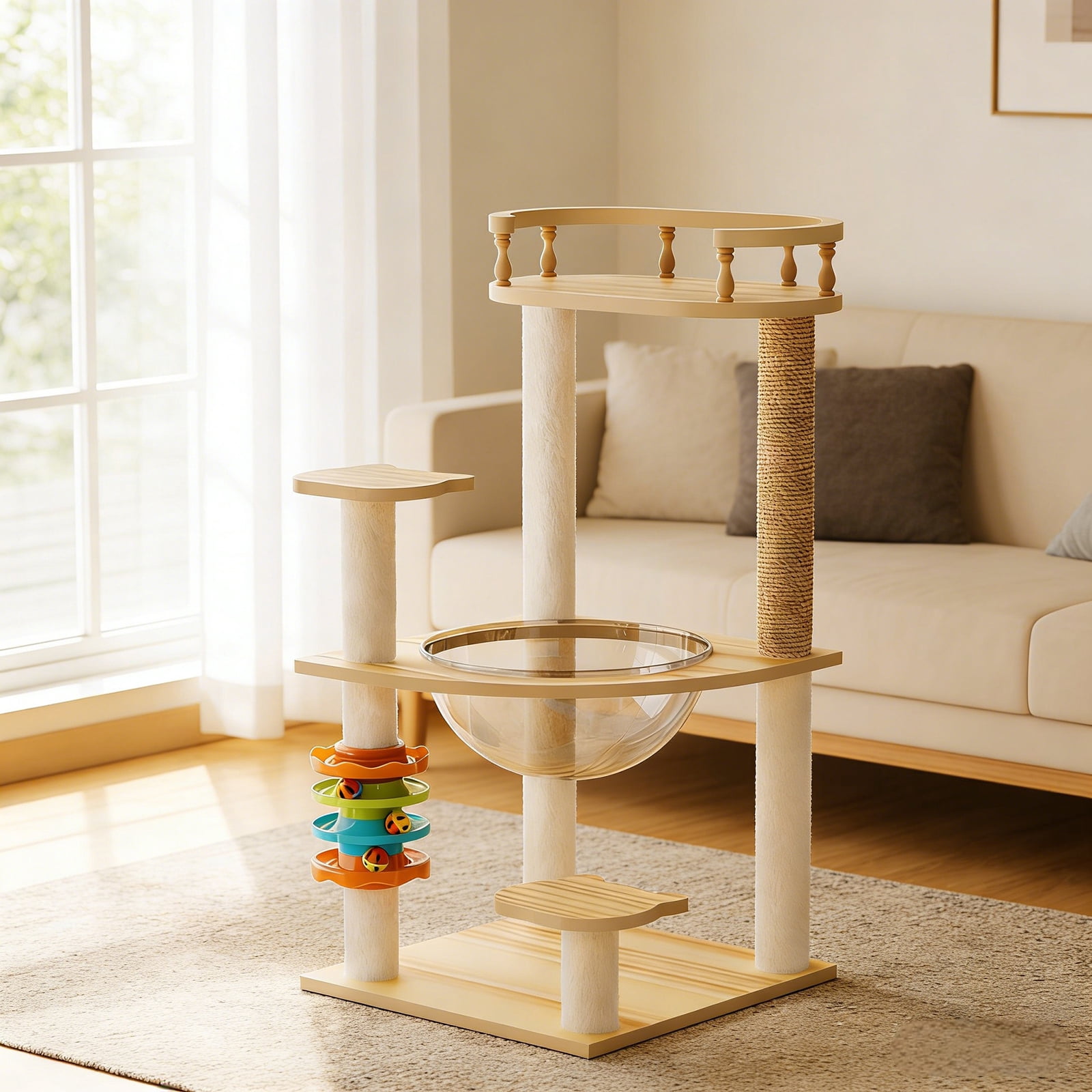 32.2 Inch Modern Wood Cat Tower, Cat Tree with Sisal Scratching Posts, Top Perch, Acrylic Hammock & Toys, Indoor Activity Condo for Small Large Cats