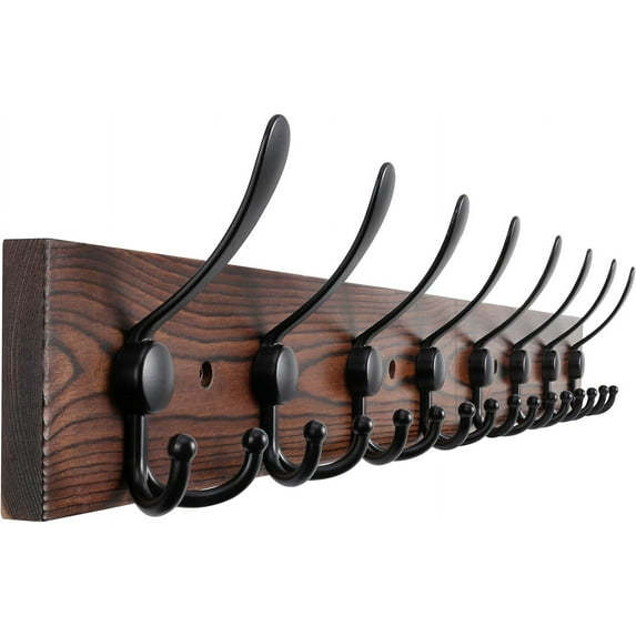 32.2'' Large Coat Rack Wall Mount Coat Hooks Coat Hanger with 8 Metal Black Triple- Hooks Brown Pine Real Wood Plank Hat Rack for Wall Hooks for Hanging Coat Hat Jacket