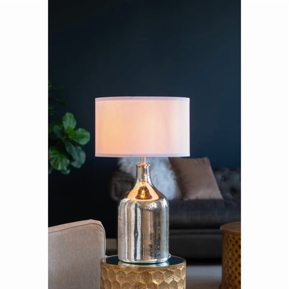 32.2" Silver Round Table Lamp (18"D White Fabric Shade+Glass Base, Classic-Modern Blend, Decor for Bedroom/Living Room)