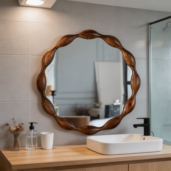 32.28 Inch Wavy Irregular Mirror, WanKaMom Walnut Solid Wood Round Mirror, HD Clear Circle Mirror for Wall, Lightweight Sturdy Framed Mirror for Modern Rustic Boho Home Decor