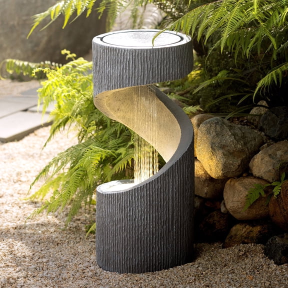 32.28" Outdoor Water Fountain with LED Light, S-Shaped Waterfall Fountain with Splash Guard, Indoor/Outdoor Floor Standing Water Feature for Garden, Patio