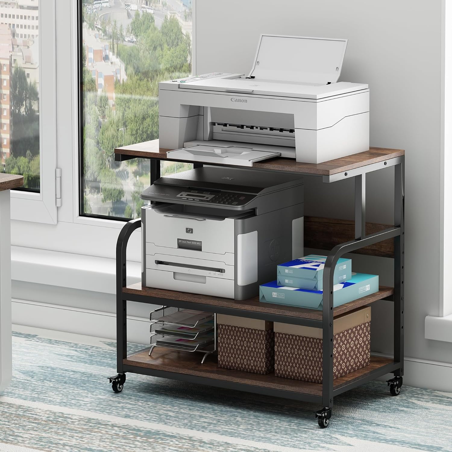 32.3 Wide Extra Large Printer Stand 3 Tier Printer Table with Adjustable Storage Shelf Rolling Printer Cart with Industrial Wheels for Home Office Rustic Brown Walmart