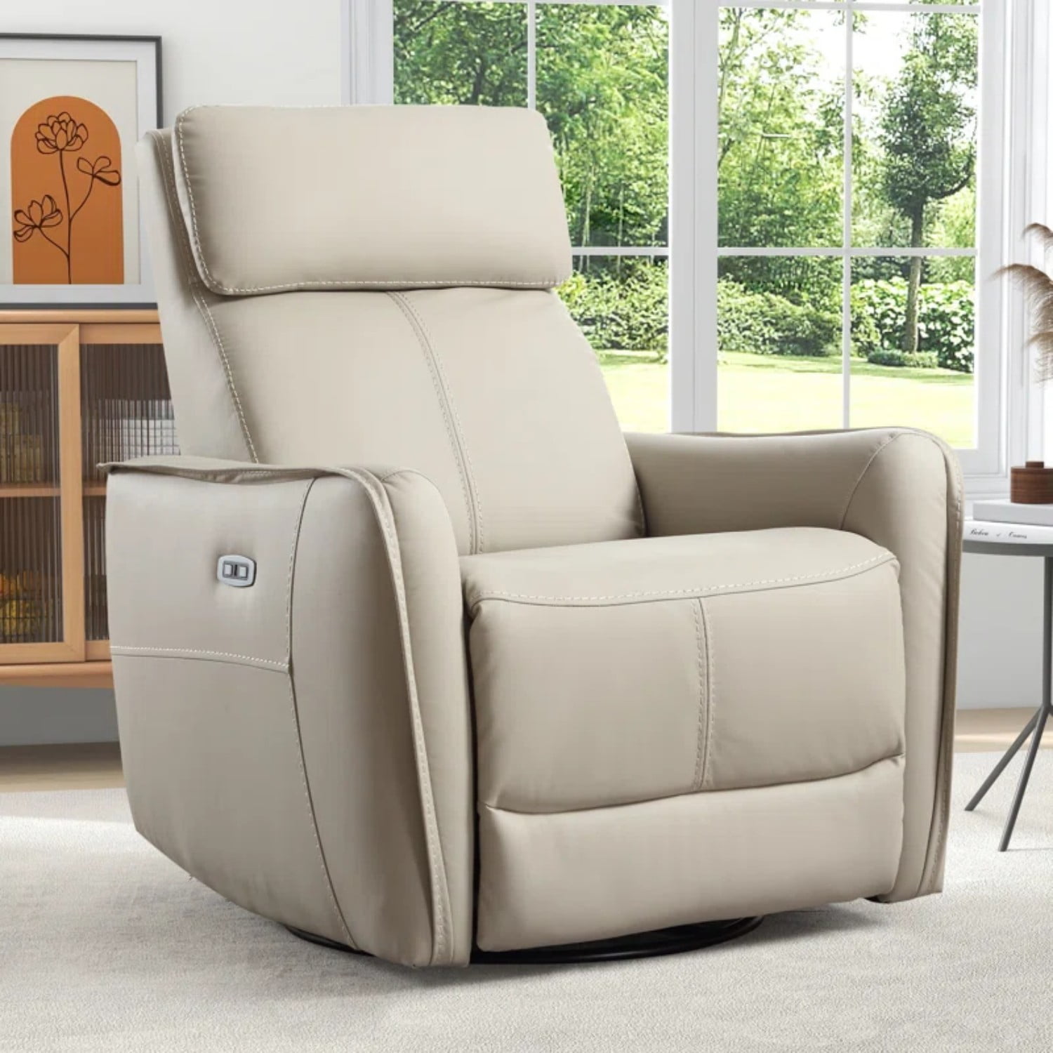 32.3 in. Off-White Faux Leather Power Rocker Recliner Chair with USB ...