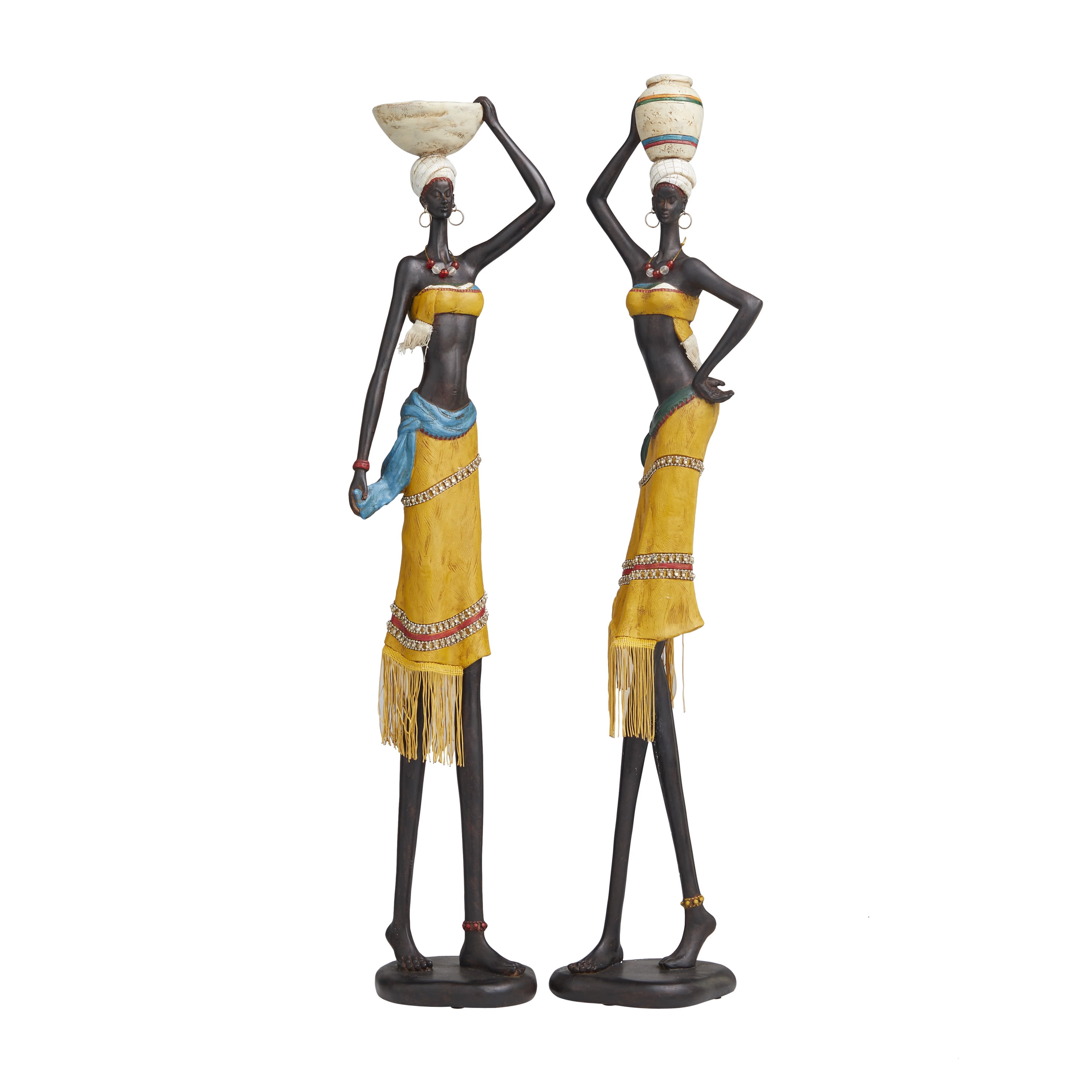32", 33"H Yellow Polystone Handmade African Woman People Sculpture with Water Jugs and Jeweled Details, by DecMode (2 Count)