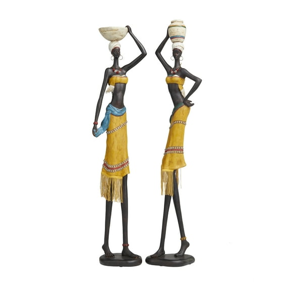 32", 33"H Yellow Polystone Handmade African Woman People Sculpture with Water Jugs and Jeweled Details, by DecMode (2 Count)