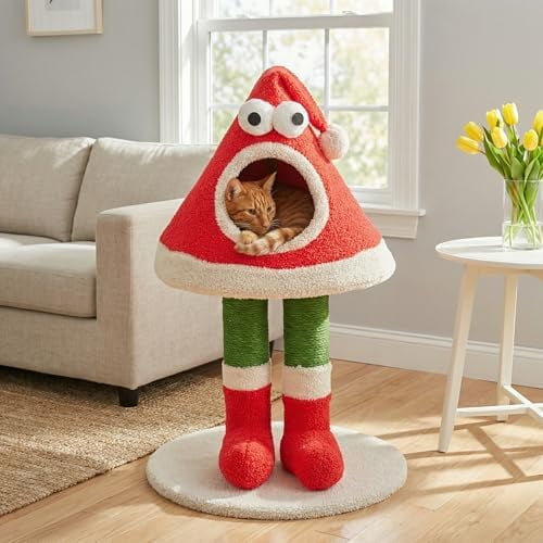32" Cat Tree Tower –Santa Hat Design with Scratching Posts & Cozy Bed, Suitable for Small to Large Cats, Red