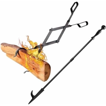 32" Long Fire Pit Poker Stick and 26" Fireplace Tongs Tool Sets Fireplace Log Grabber for Firewood Campfire Bonfire Heavy Duty Wrought Iron Rustproof Indoor Outdoor Wood Stove